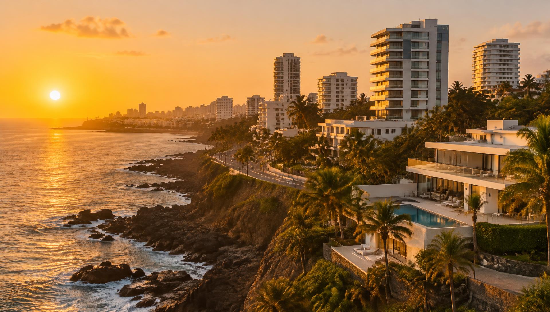 Architecture moderne sur la corniche de Dakar au coucher du soleil